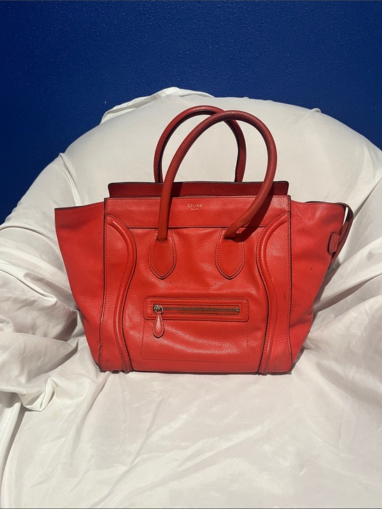 Celine Handbags - Celine Orange-Red Pebbled Leather Tote with Front Zip